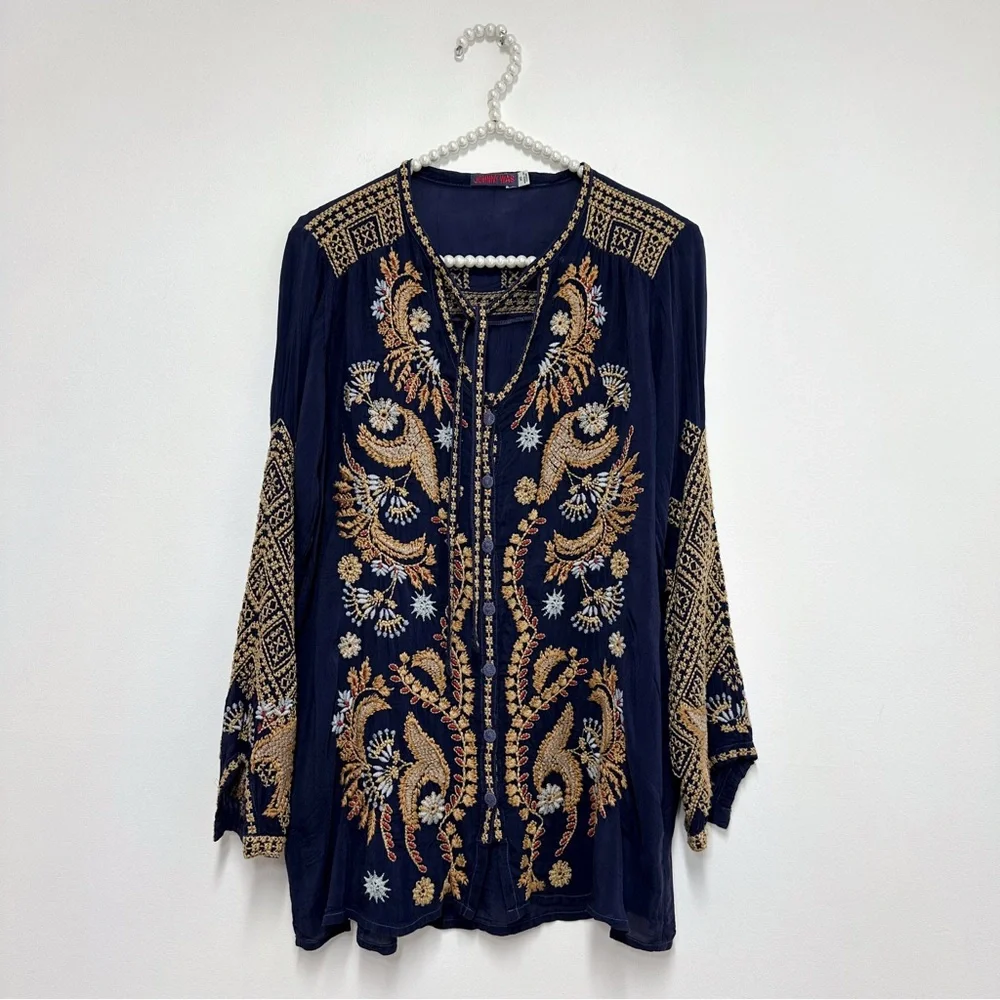 Johnny Was Minerva Blue Gravel Embroidered Blouse in Navy Blue and Gold